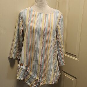 Ali Miles Medium Colorful Striped Top Asymmetrical Linen Cotton